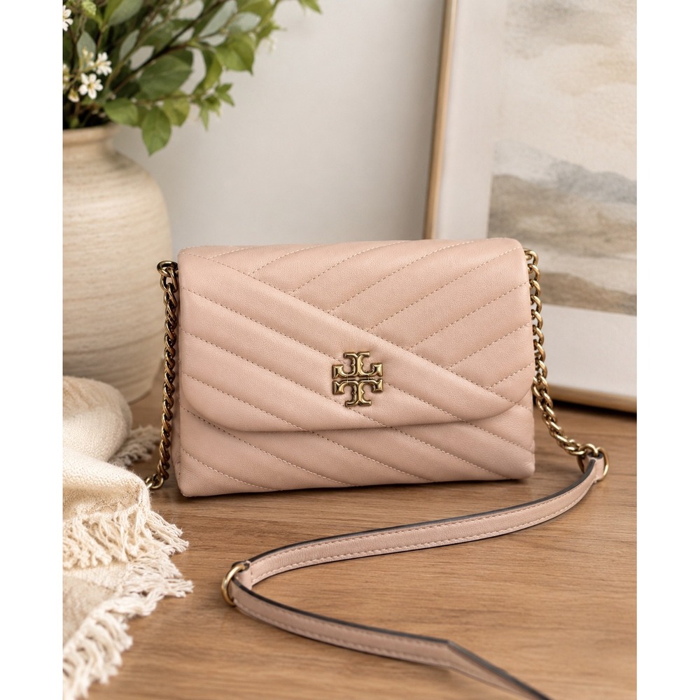 Tory Burch Kira Chevron Wallet on Chain Devon Sand Leather Crossbody Bag Gold